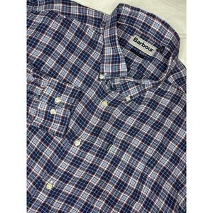 Barbour Long Sleeve Button Down Shirt Plaid‎ Tailored Fit 100% Linen Blue & Red